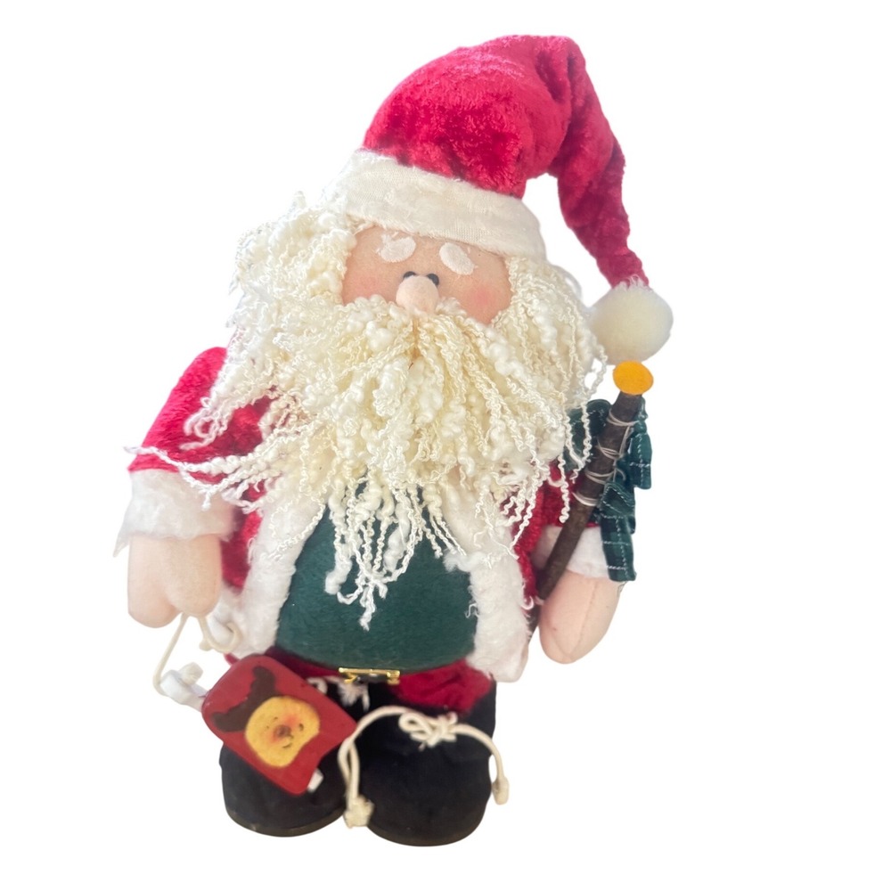 VTG 90's Primitive Rustic Santa Claus Figure Red Velvet Boucle Beard Sled 12in